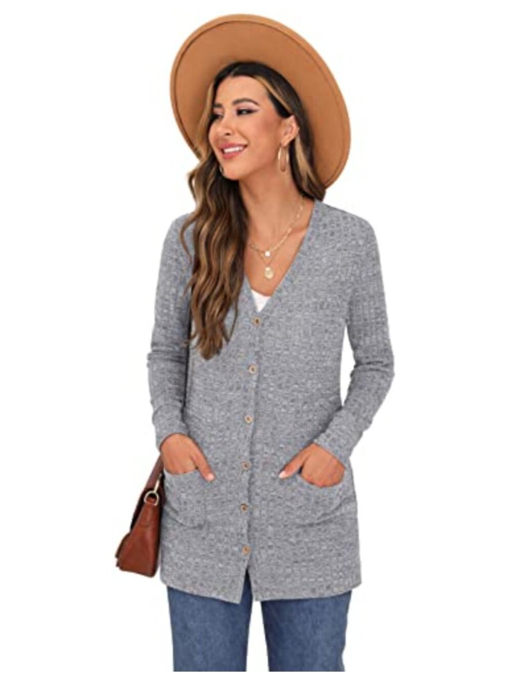 Open Front Button Down Ribbed Knit Cardigan with Pockets Lightweight - Picture 2 of 5